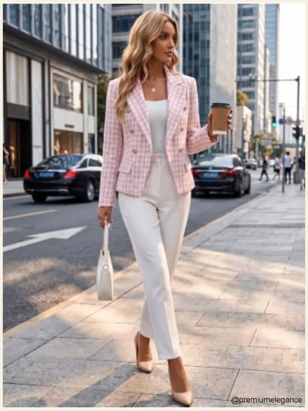 Tweed Plaid Double-Breasted Blazer Jacket Business Casual Office